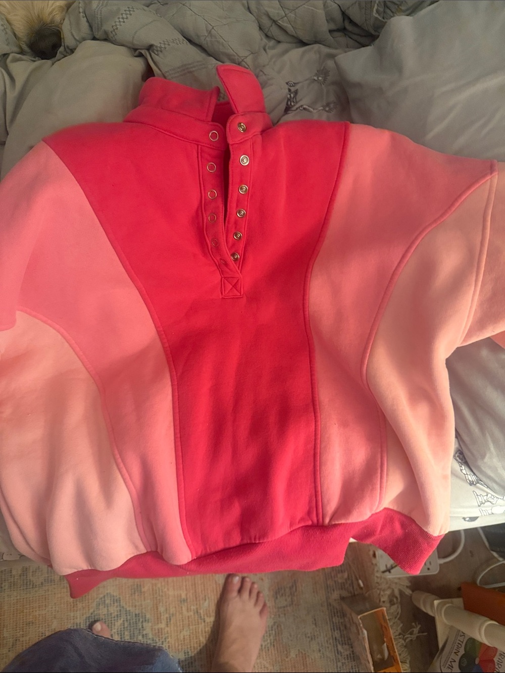 Women's Two-Tone Pink Snap-Neck Pullover Sweatshirt